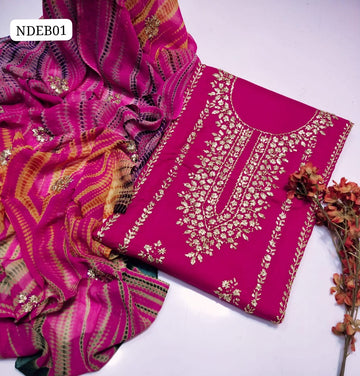 Pure Lawn 100/100 Hande Made Gota Gala Bail Qurta Style Neat Work Shirt With Gota Embroidery Chiffon Crush Tei & Dei Dupatta And Plain Lawn Trouser 3Pc Dress